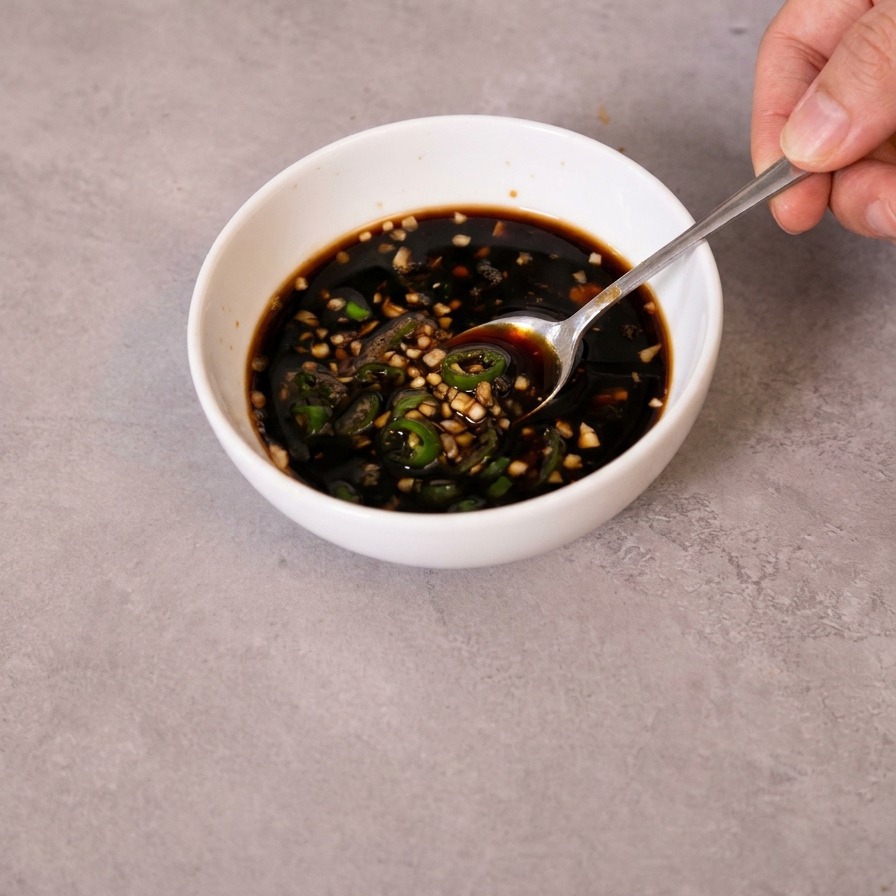Mała miska z sosem sojowym mieszanym łyżką z posiekanym czosnkiem i plastrami zielonego chili.