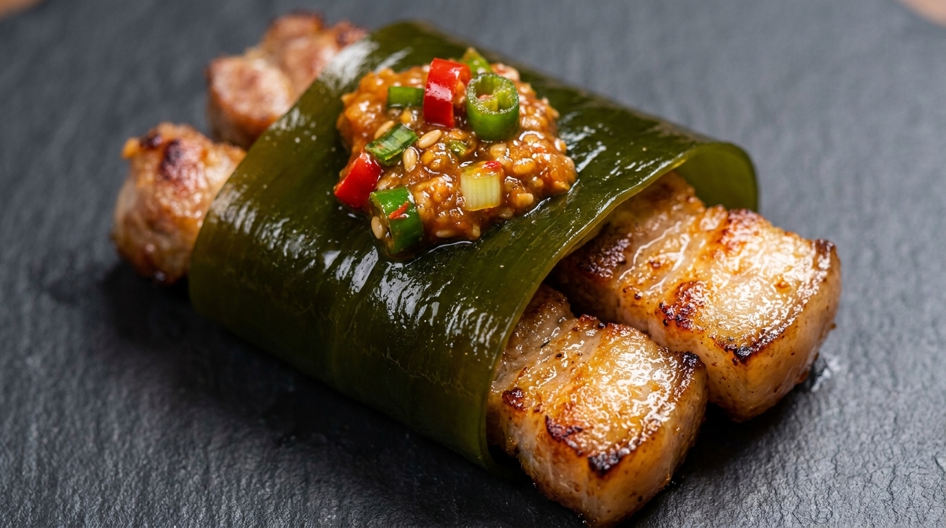Koreański grillowany boczek w liściach sałaty i wodorostach (Samgyeopsal-gui)