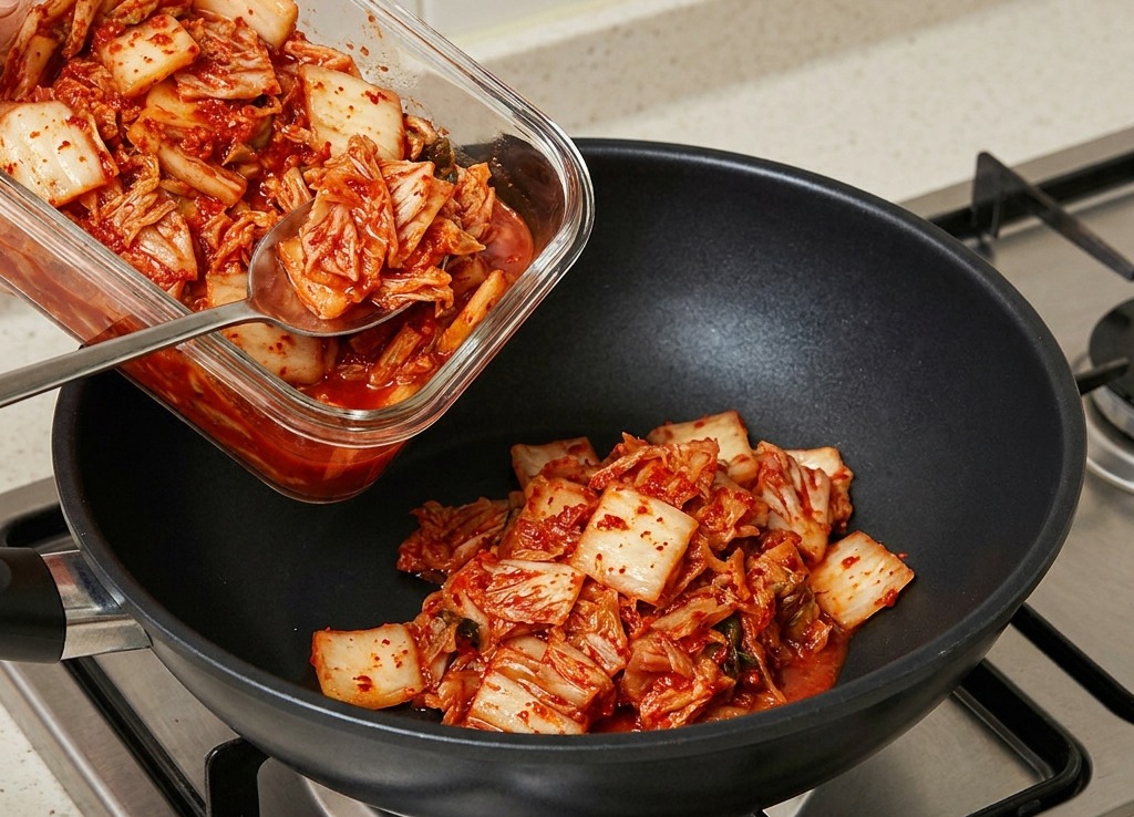 Dłoń przekładająca pokrojone, sfermentowane kimchi z czerwonej kapusty ze szklanego pojemnika na czarną patelnię na kuchence gazowej.