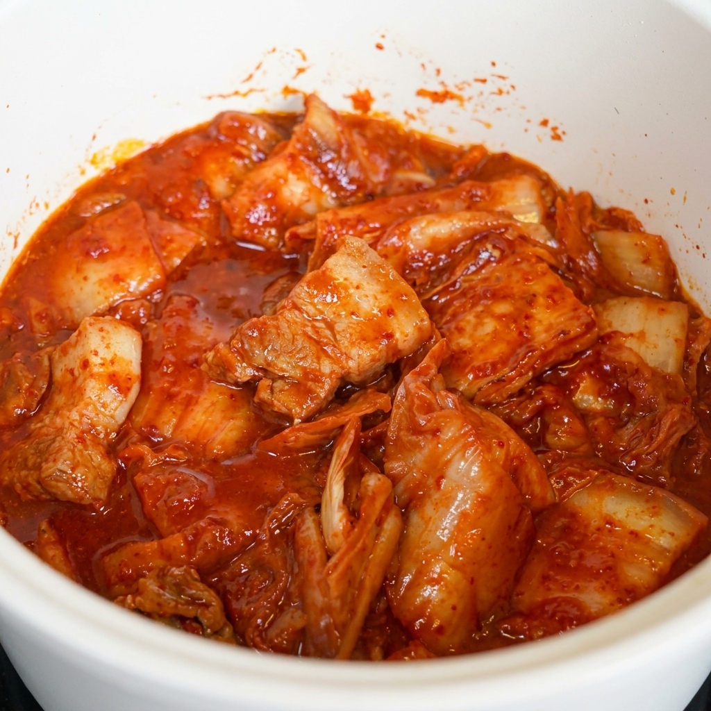 Pokrojone kimchi i kawałki smażonego boczku mieszane razem w garnku, dokładnie pokryte czerwonym sosem paprykowym.