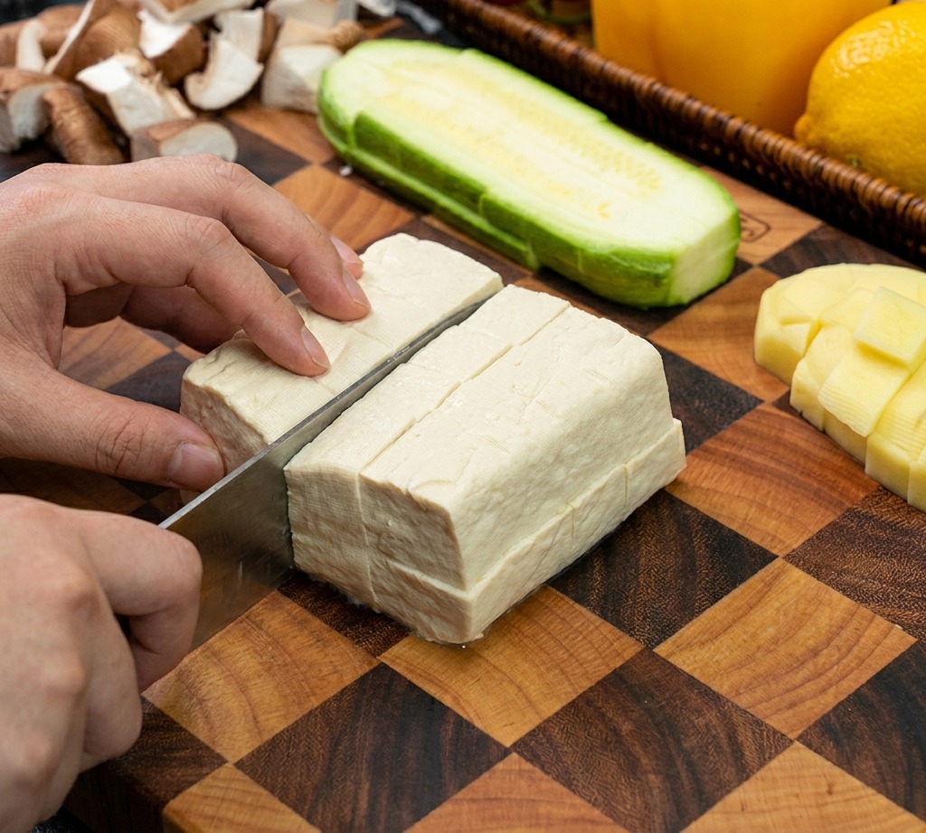 Dłoń asekurująca blok białego, gładkiego tofu podczas krojenia go w regularną kostkę na desce roboczej.