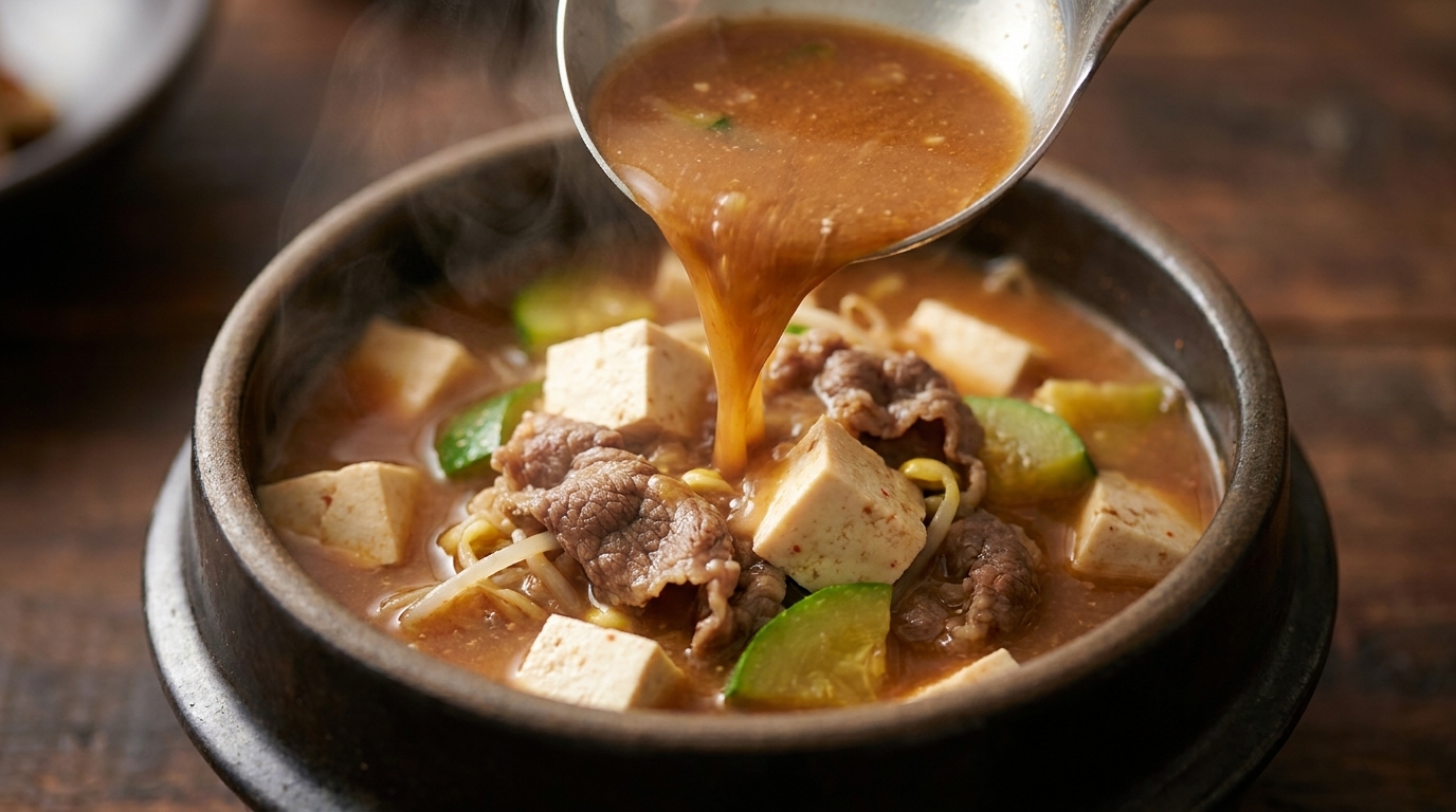 Parująca miska wołowego Doenjang-jjigae, prezentująca esencjonalny bulion sojowy z dodatkiem tofu i delikatnych plastrów wołowiny.