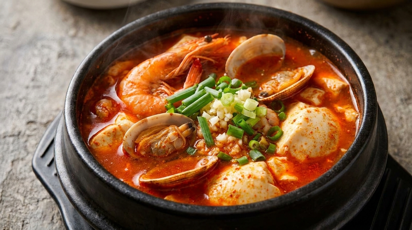 Pikantny Koreański Gulasz z Miękkim Tofu i Owocami Morza (Sundubu-jjigae)