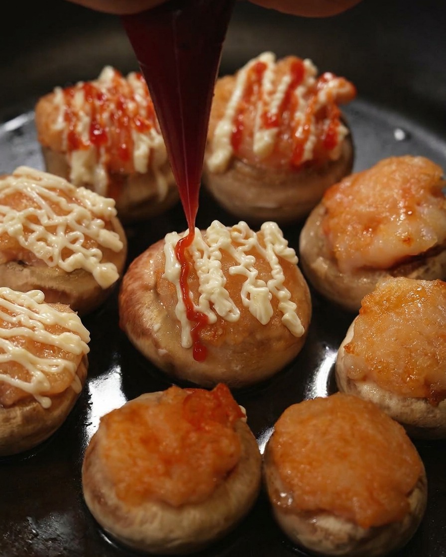 Czerwony ketchup wyciskany z rękawa na pieczarki pokryte już białym majonezem.