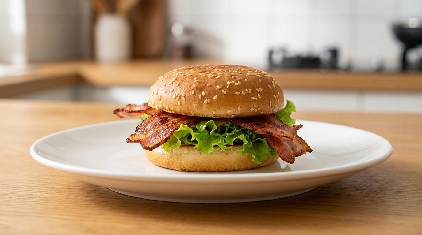 Prosty burger z boczkiem, sałatą i wyrazistą musztardą