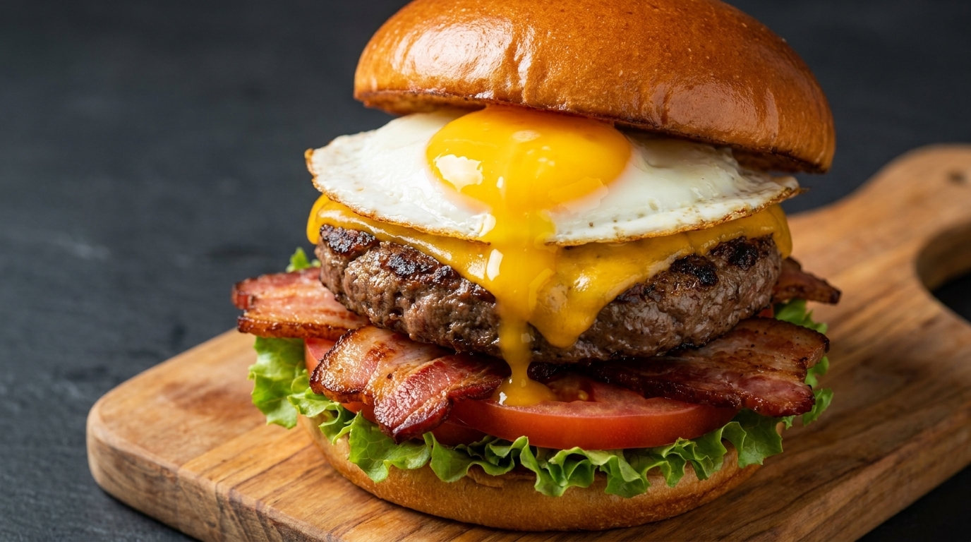 Burger z jajkiem sadzonym, bekonem i sekretnym sosem