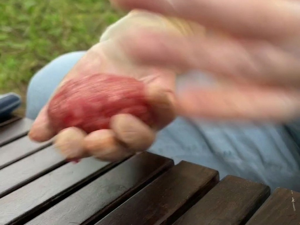 Rozmyte w ruchu ujęcie dłoni przerzucających i formujących kulę z surowej, przyprawionej wołowiny.