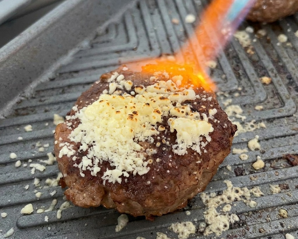Kotlet na gorącej patelni opalany ręcznym palnikiem w celu roztopienia warstwy startego sera.