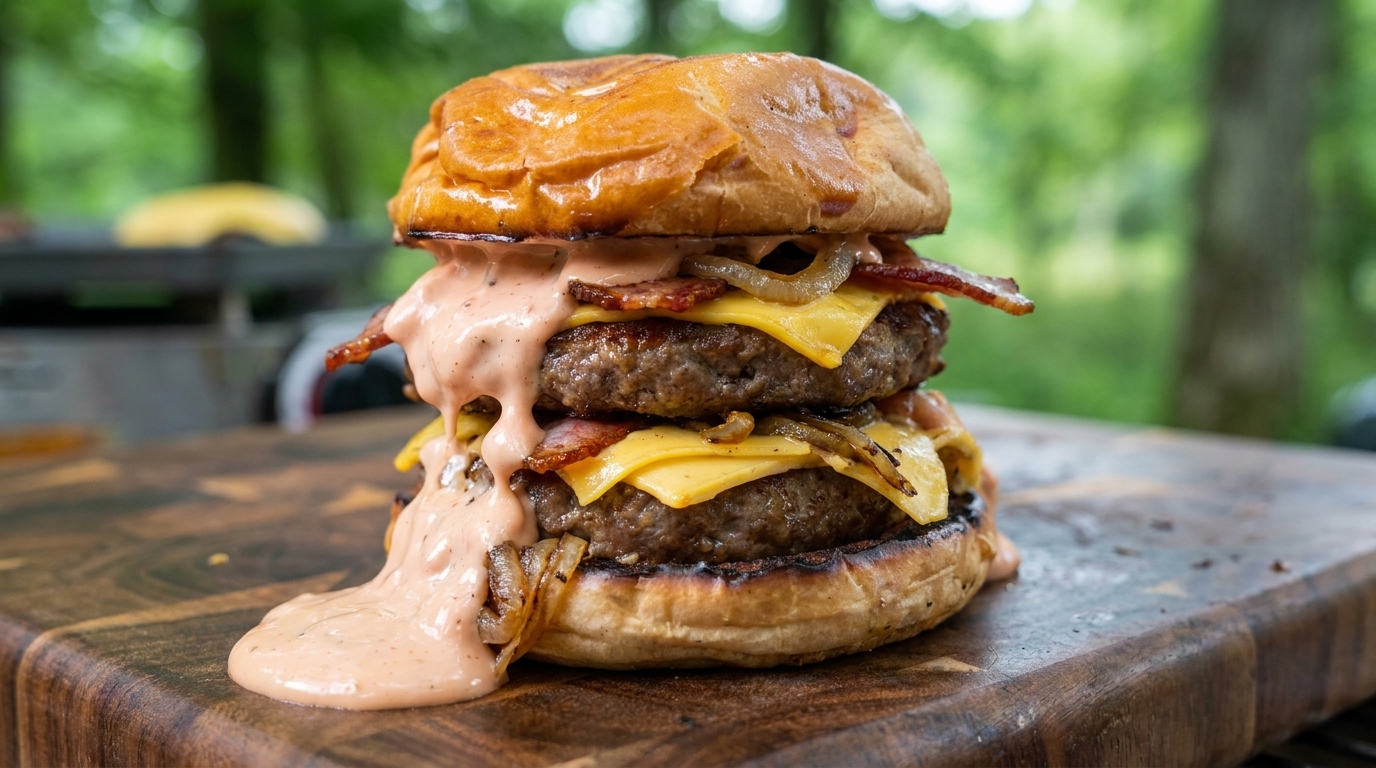 Podwójny Cheeseburger z Pleneru z Autorskim Różowym Sosem