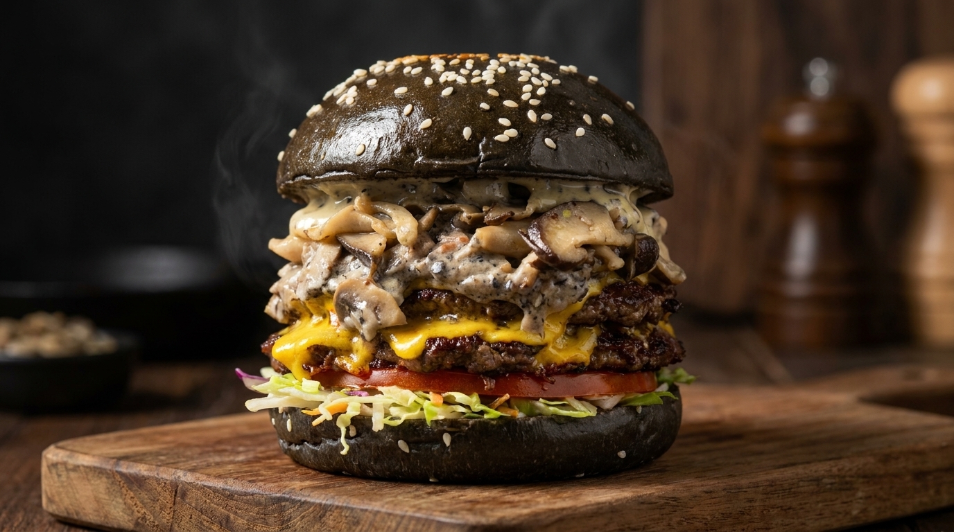 Wykwintny Burger Wołowy z Czarną Truflą i Kremowym Sosem Grzybowym