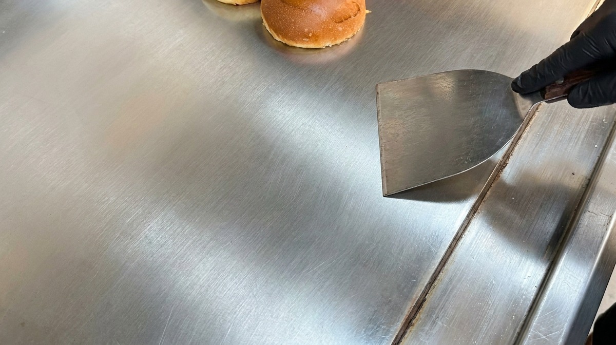 Przekrojone na pół bułki brioche opiekające się na dużej stalowej płycie grzewczej obok metalowej szpatułki.