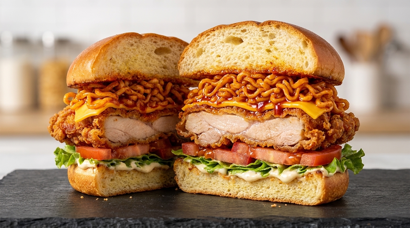Piekielnie Ostry Burger z Kurczakiem i Makaronem Buldak