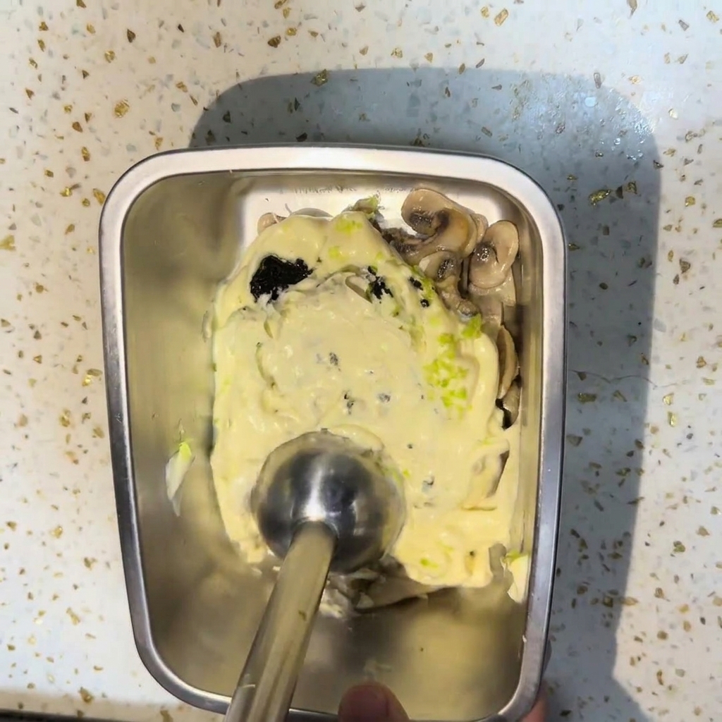 Blender ręczny miksujący podsmażone grzyby, śmietankę i pastę z czarnej trufli w metalowym naczyniu na gładki, gęsty sos.