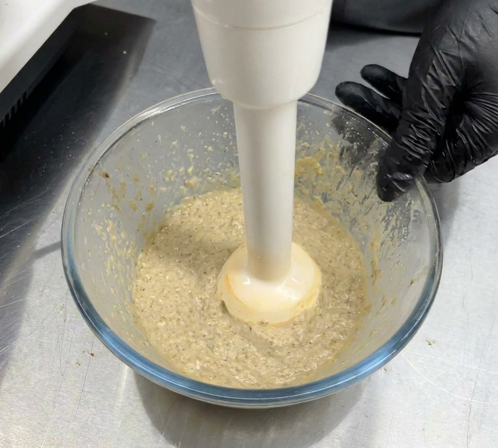 Biały blender ręczny używany w przezroczystej szklanej misce do zmiksowania ugotowanych grzybów ze śmietanką na gładki sos.