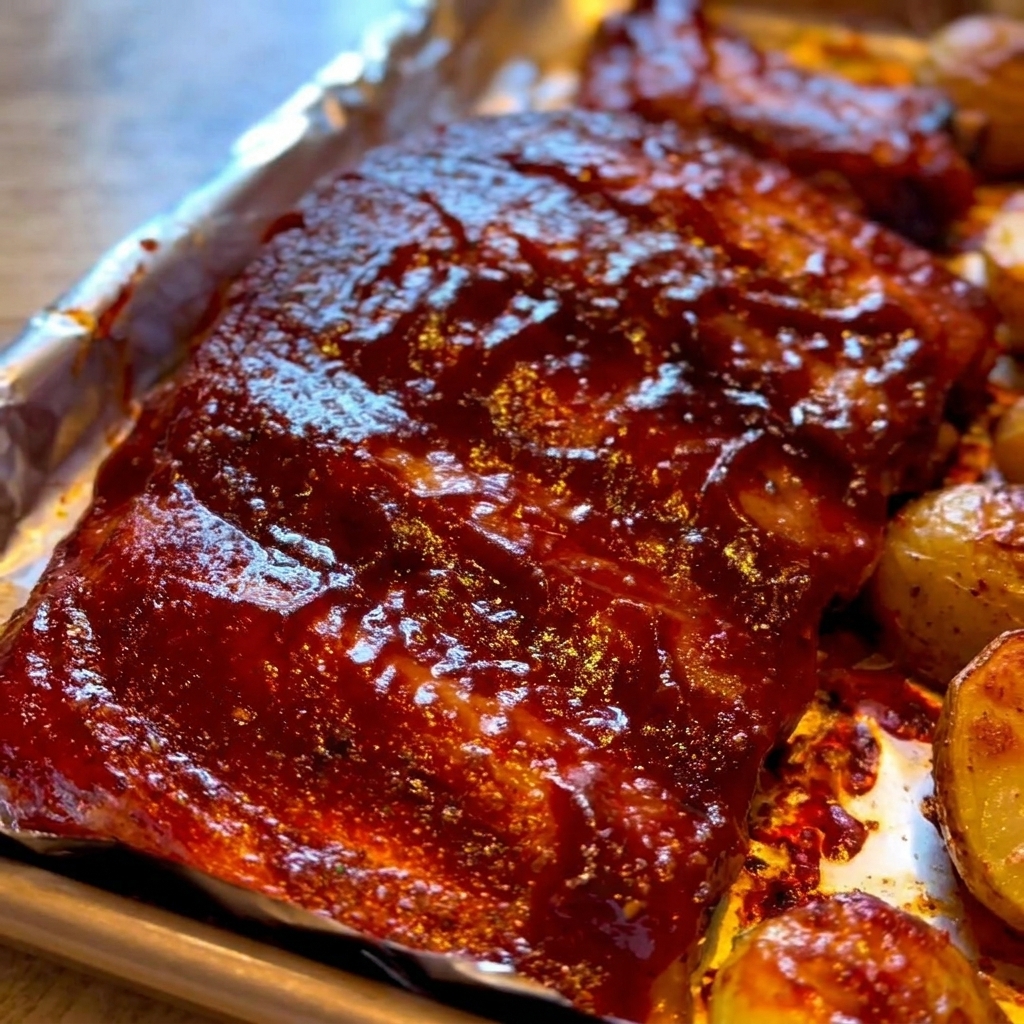 Zbliżenie na pędzelek kuchenny rozprowadzający gęsty, ciemnoczerwony sos BBQ na płacie upieczonych żeberek.