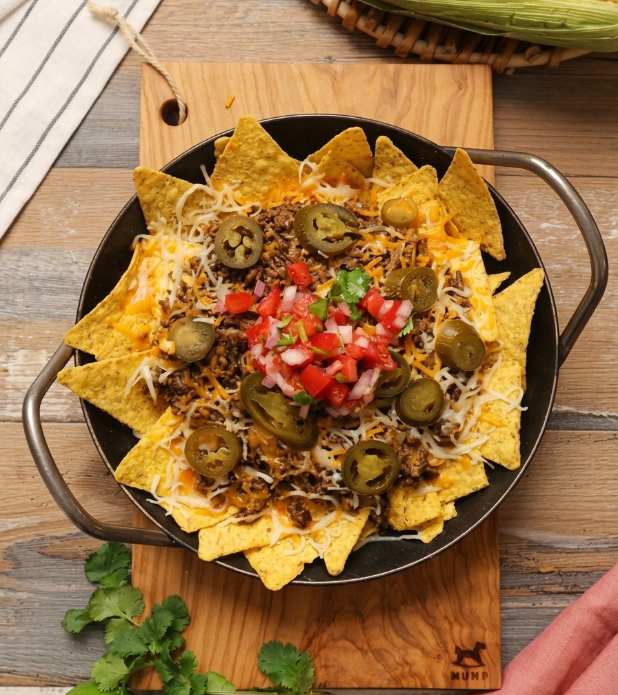 Ujęcie z góry na patelnię z zapieczonymi, serowymi nachos, wykończonymi czerwoną salsą pomidorową.