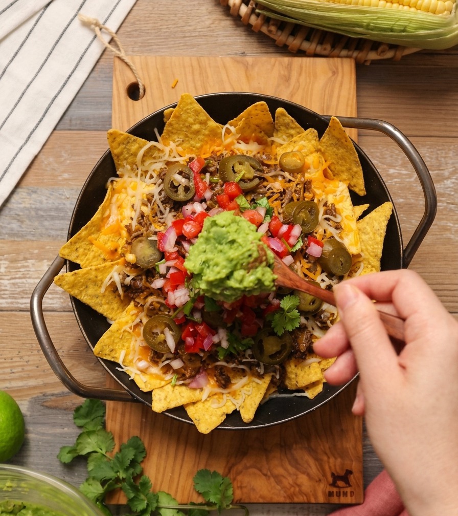 Drewniana łyżka nakładająca porcję zielonego guacamole na salsę na środku talerza z nachos.