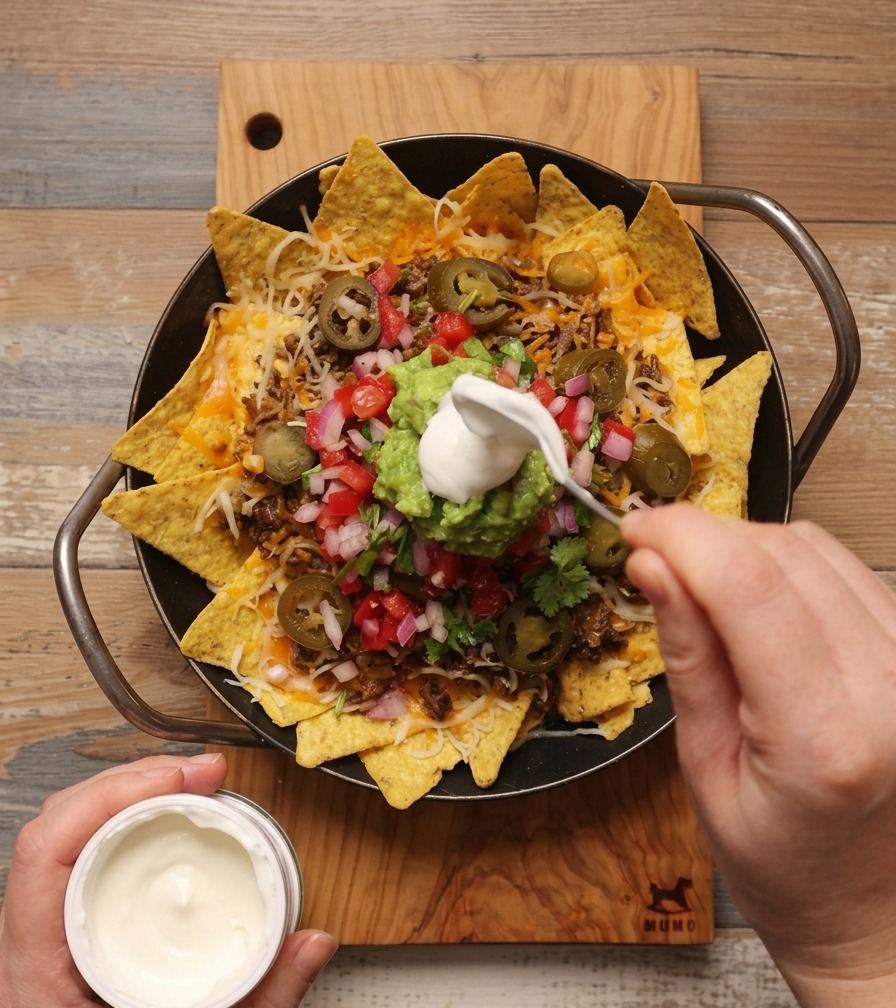 Łyżka nakładająca porcję białej śmietany na guacamole, wieńcząc patelnię nachos.