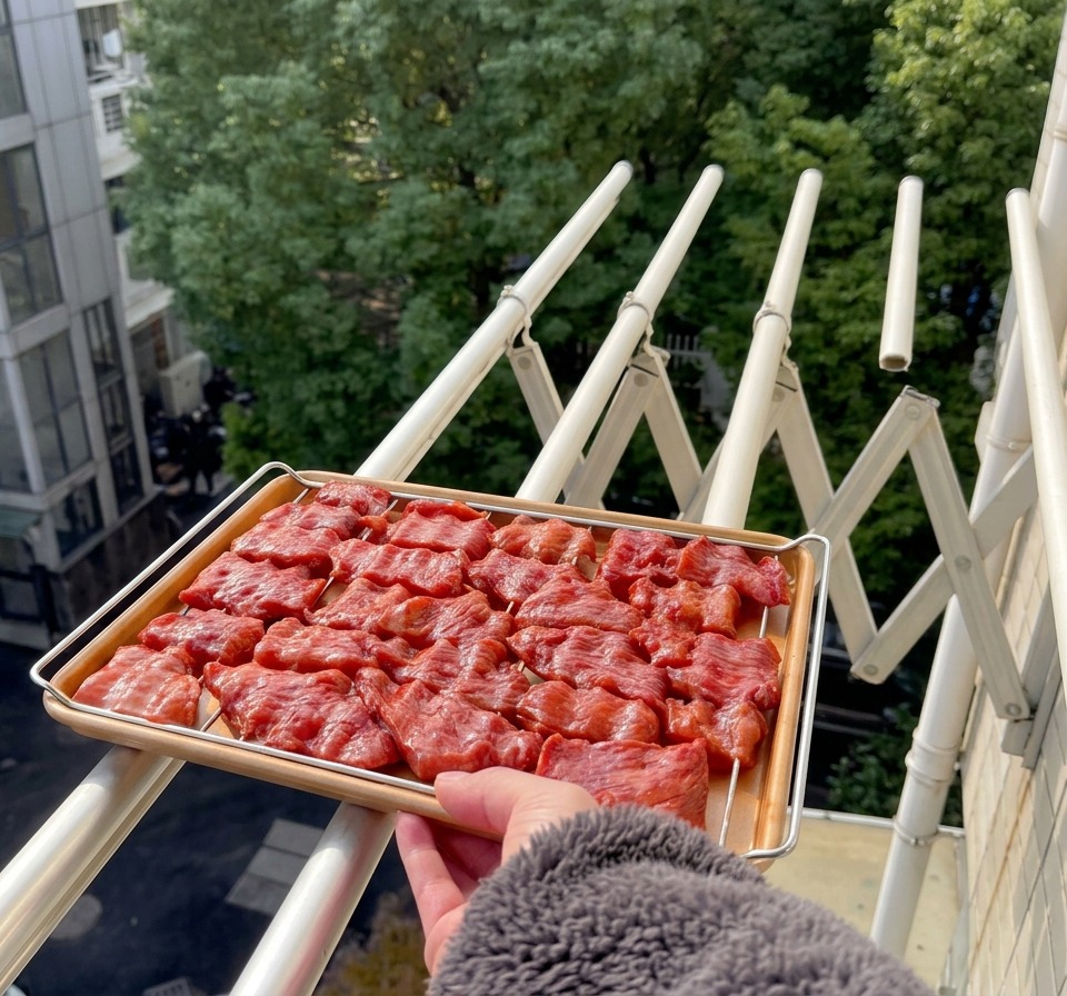 Metalowa taca pełna czerwonych plastrów wieprzowiny, trzymana nad balustradą balkonu, w tle widoczna ulica miasta i zielone drzewa.