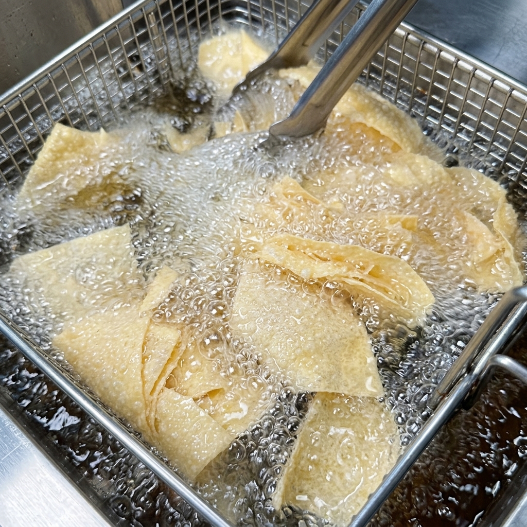 Chipsy z tortilli zanurzone w gorącym, bulgoczącym oleju wewnątrz stalowej frytkownicy.