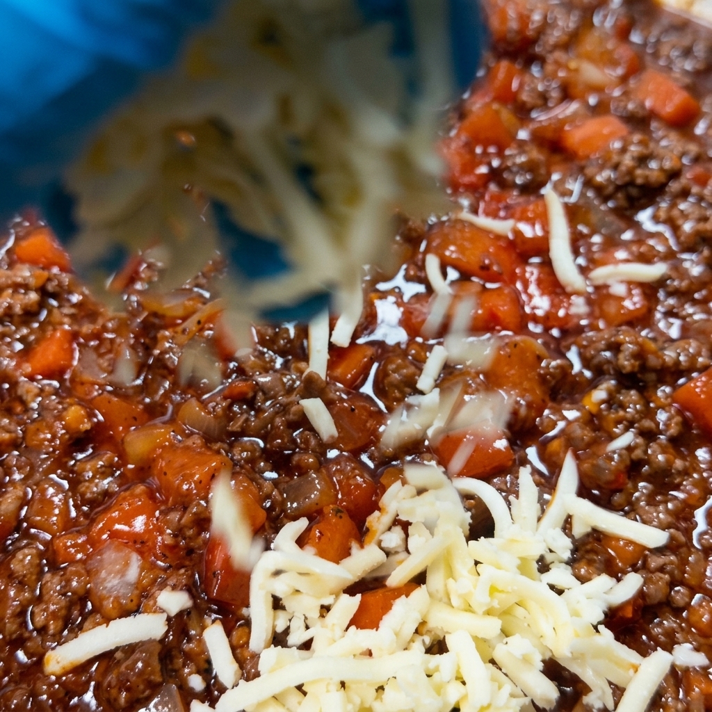 Starty ser mozzarella rozsypywany na gorącym, czerwonym sosie mięsnym na stalowej patelni.