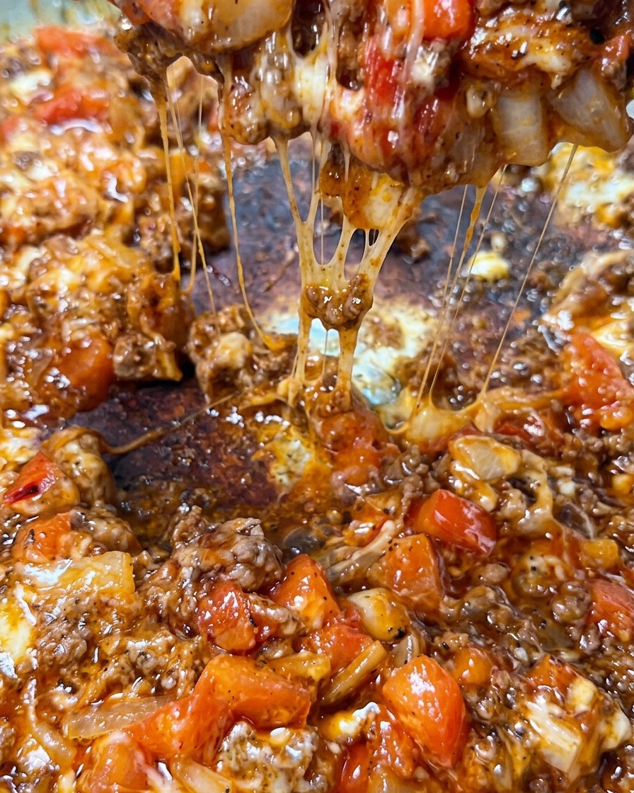 Zbliżenie na dużą łyżkę podnoszącą porcję czerwonawego sosu mięsnego z grubymi, białymi nićmi roztopionej mozzarelli spływającymi z powrotem na patelnię.