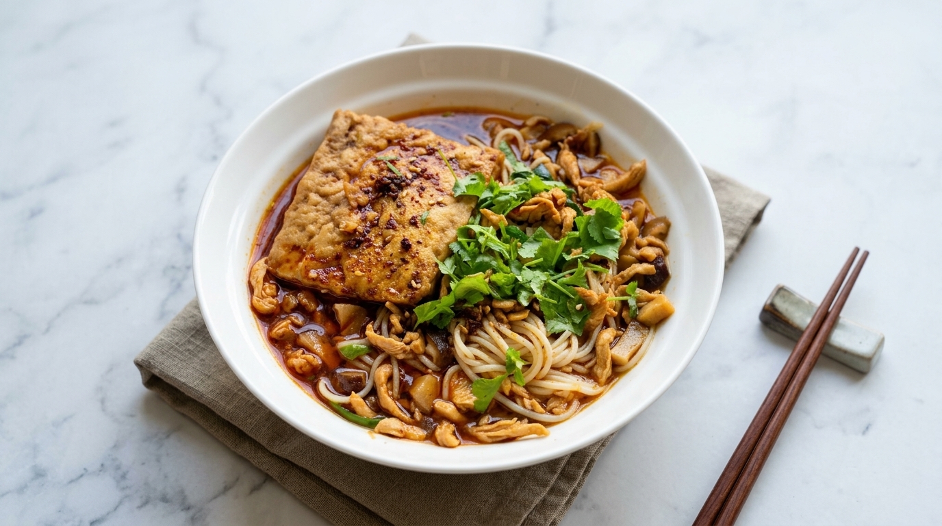 Ognisty makaron z szarpanym kurczakiem i duszonym tofu (Ji Si Mian)