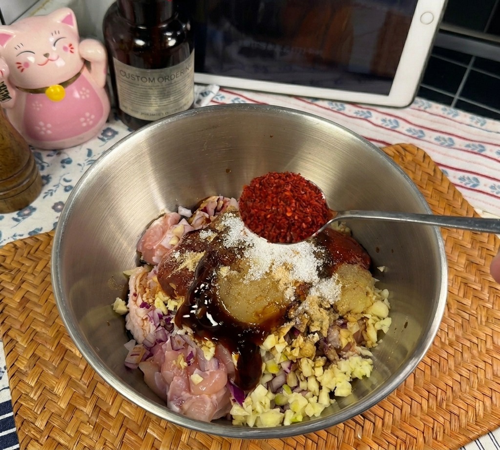 Metalowa łyżka dodająca jaskrawoczerwone chili w proszku do miski z kurczakiem i pozostałymi składnikami.