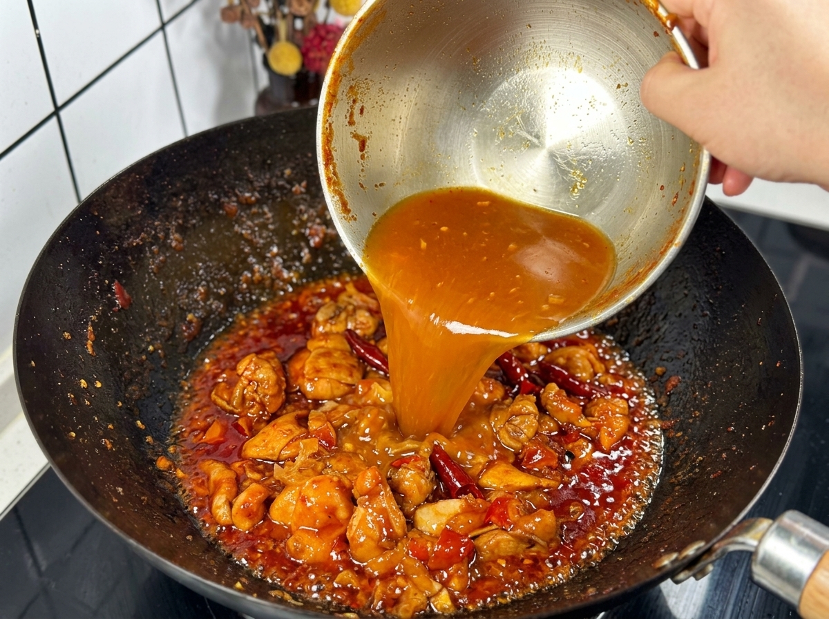 Osoba wlewająca jasnopomarańczowy płyn z metalowej miski do ciemnego woka z podsmażonymi kawałkami kurczaka i suszonymi papryczkami chili.