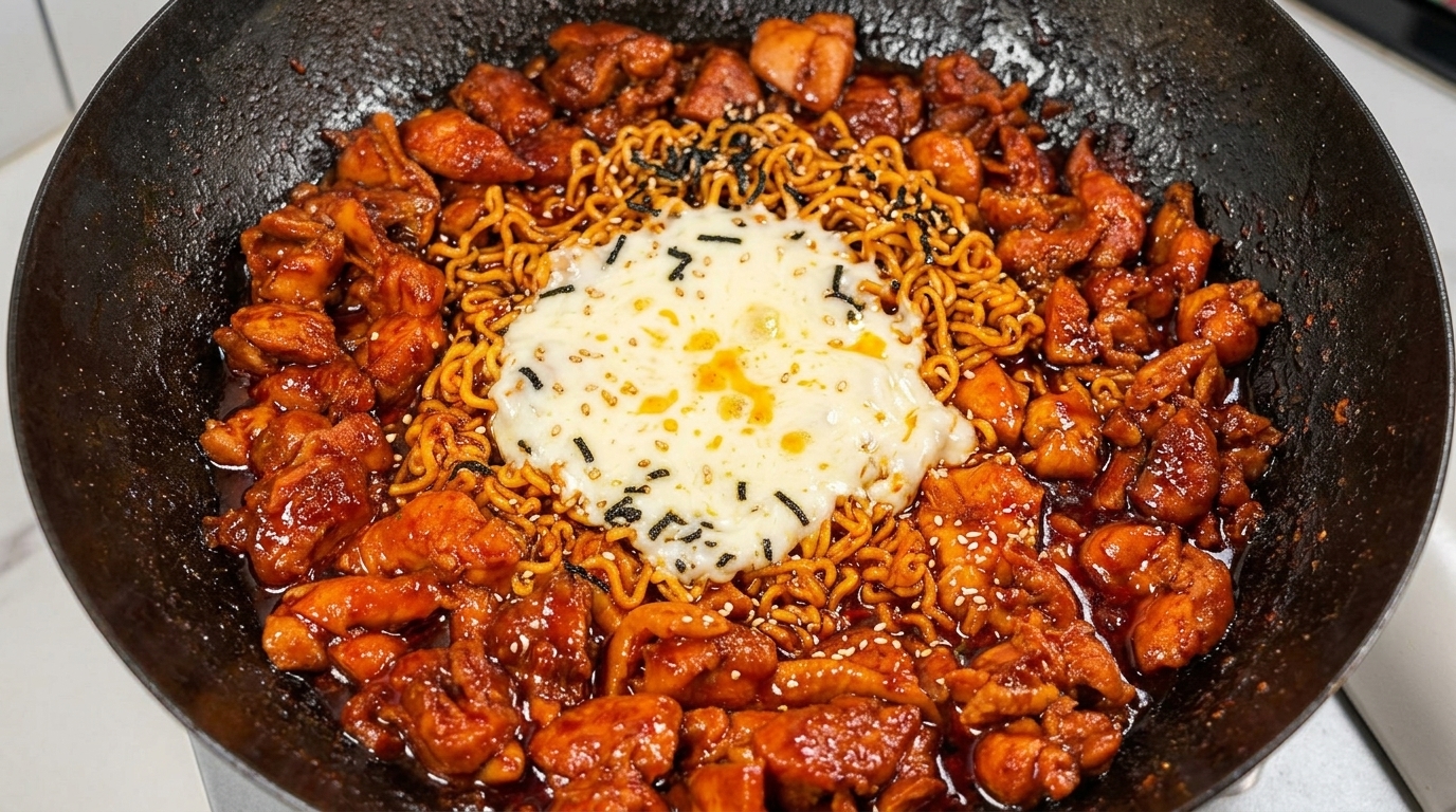 Pikantny makaron z kurczakiem po koreańsku i roztopioną mozzarellą
