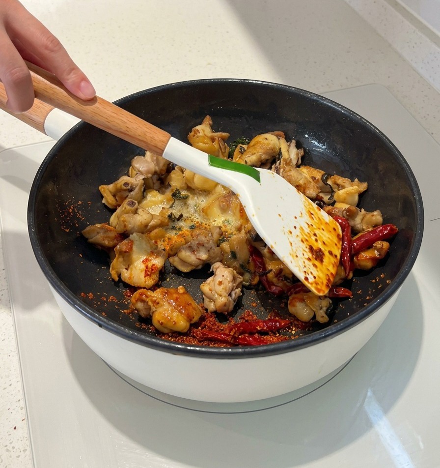 Biała łopatka mieszająca kawałki kurczaka, suszone chili i chili w proszku, podczas gdy czerwony olej zaczyna pokrywać składniki.