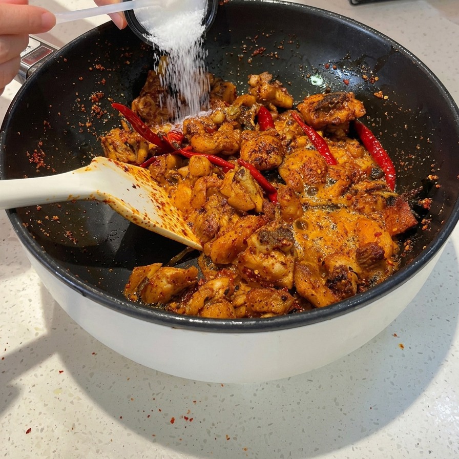 Biała łyżka posypująca solą i cukrem smażonego pikantnego kurczaka z czerwonym chili.