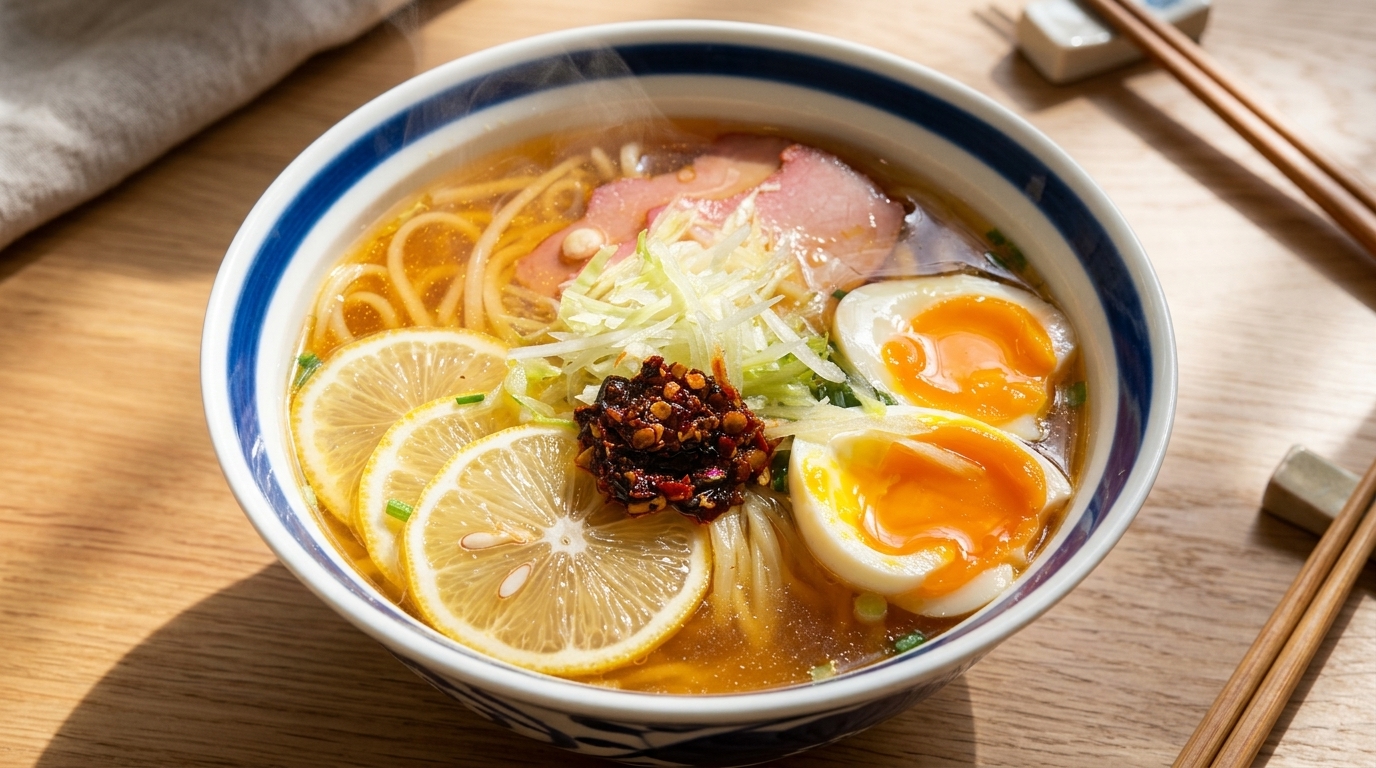 Orzeźwiająca zupa z makaronem, cytryną i jajkiem na miękko