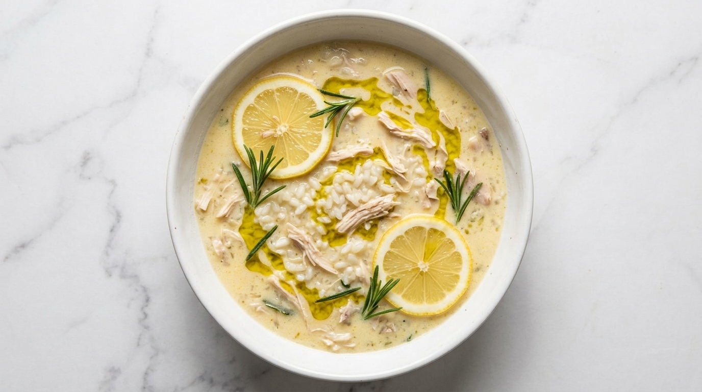 Klasyczne greckie Avgolemono (Zupa cytrynowa z kurczakiem)