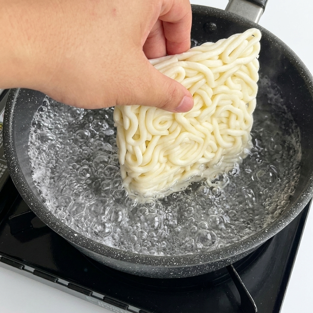 Dłoń wkładająca zamrożoną kostkę białego makaronu udon do garnka z wrzącą wodą.