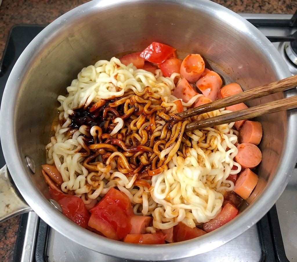 Porcja makaronu ramen w garnku, polana obficie ciemnoczerwonym, ostrym sosem na bazie poduszonych pomidorów.