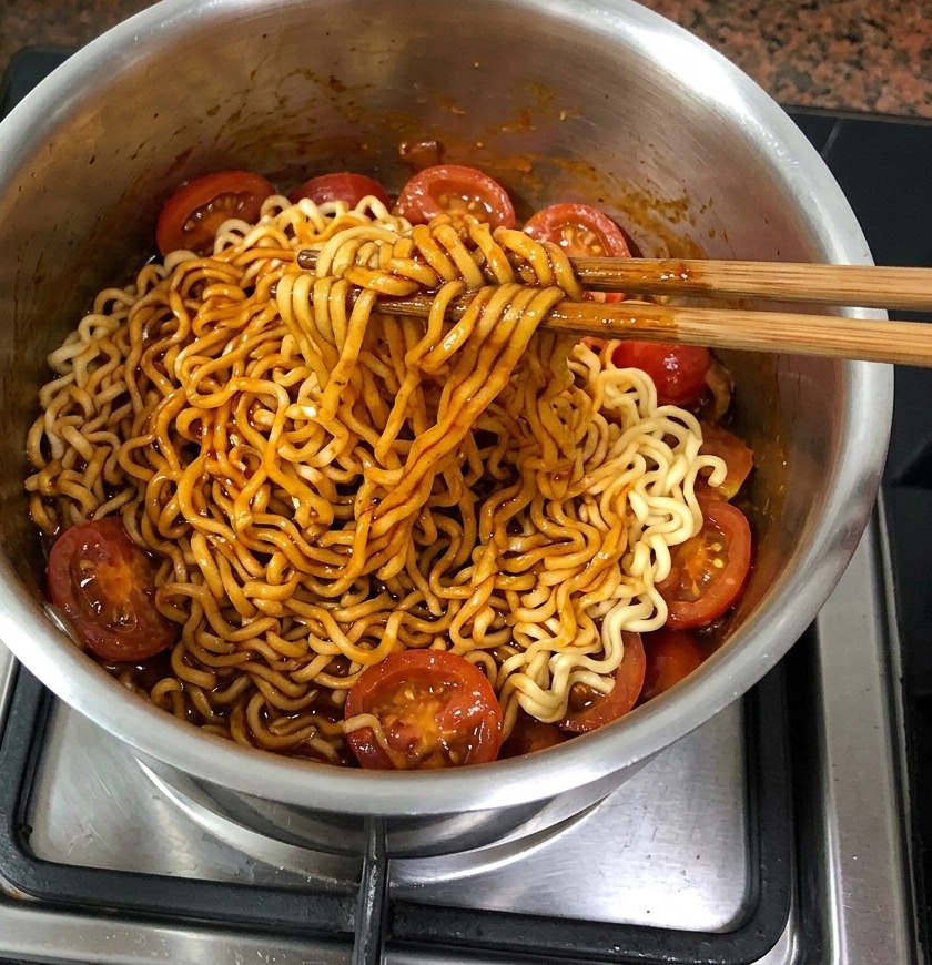Pałeczki unoszące i mieszające makaron ramen w garnku, aby dokładnie pokryć go krwistoczerwonym, ostrym sosem pomidorowym.