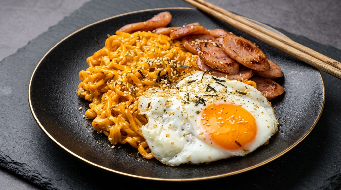 Kremowy makaron Buldak z serem i kiełbaskami (pikantny ramen)