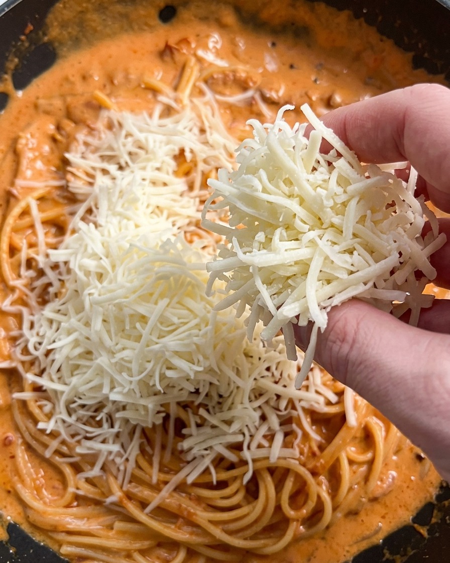 Dłoń posypująca tartym białym parmezanem dużą patelnię z kremowym makaronem.