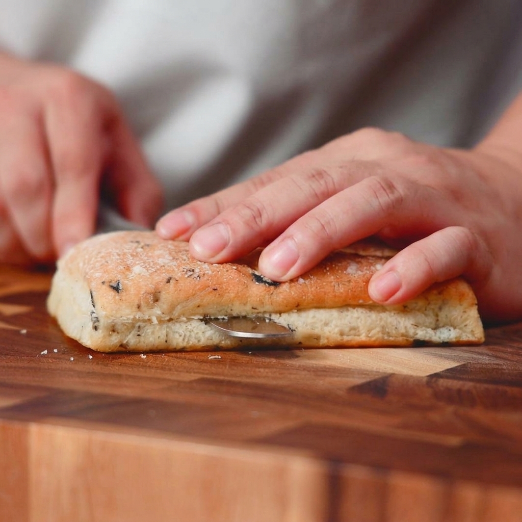 Dłoń trzymająca bochenek chleba ciabatta i ostrożnie krojąca go poziomo nożem na drewnianej desce.