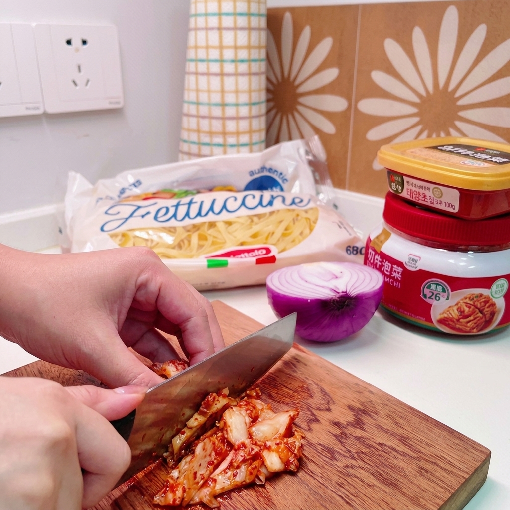 Nóż krojący porcję kapusty kimchi na drewnianej desce do krojenia.