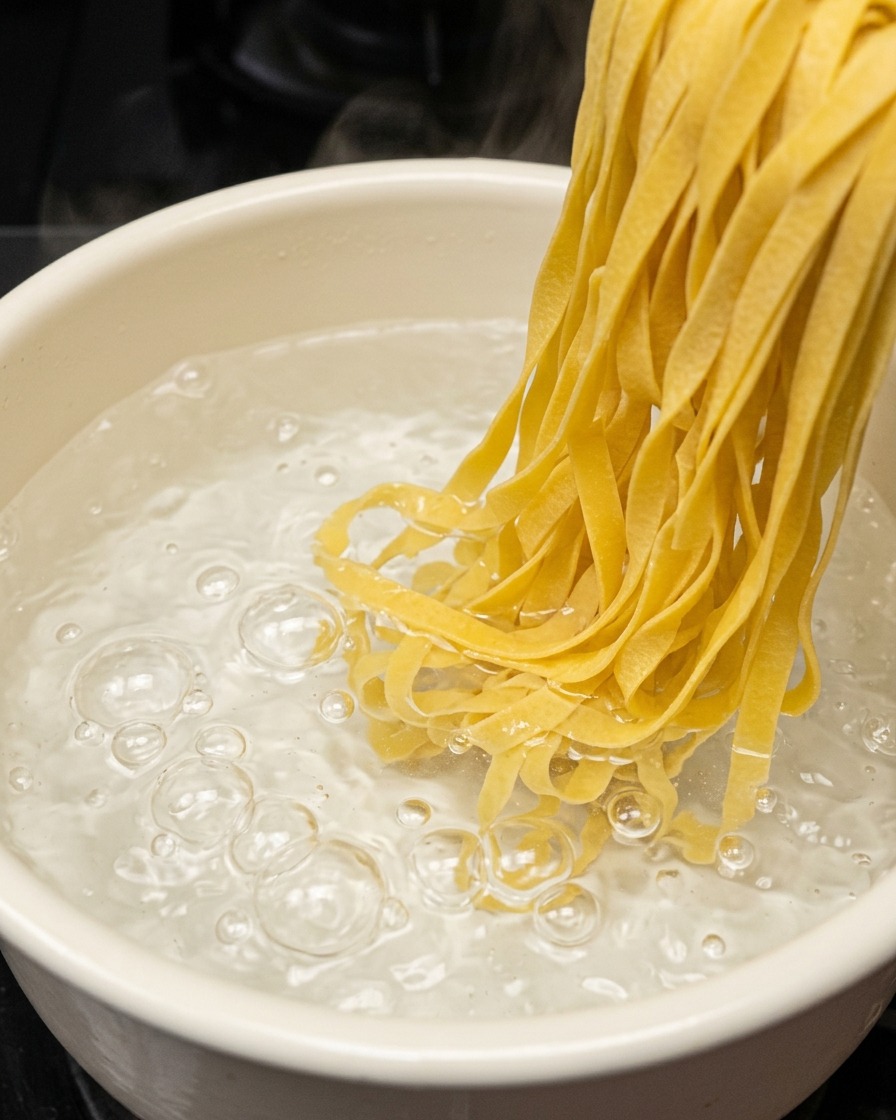 Żółte wstążki makaronu fettuccine wrzucane do garnka z bulgoczącą, wrzącą wodą.