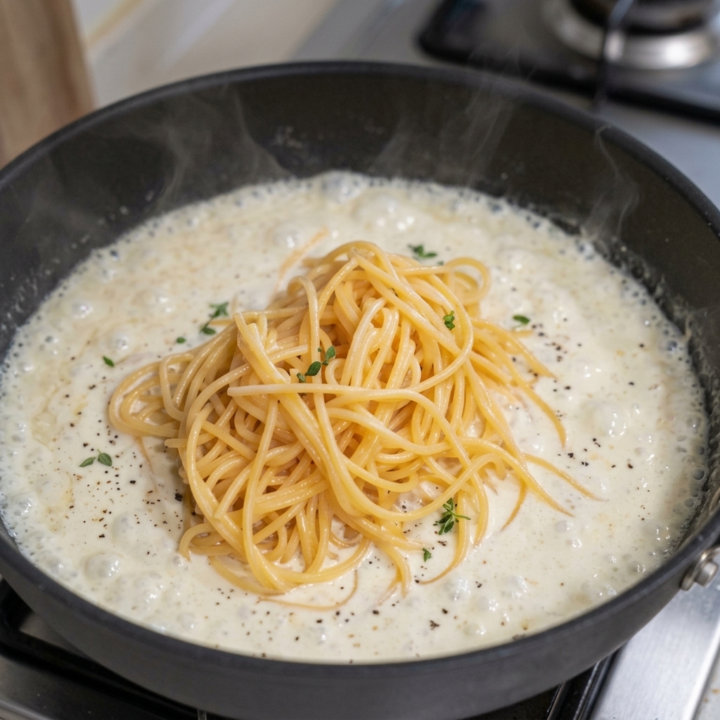 Porcja ugotowanego makaronu spaghetti przekładana bezpośrednio na patelnię z bulgoczącym, białym sosem śmietankowym.
