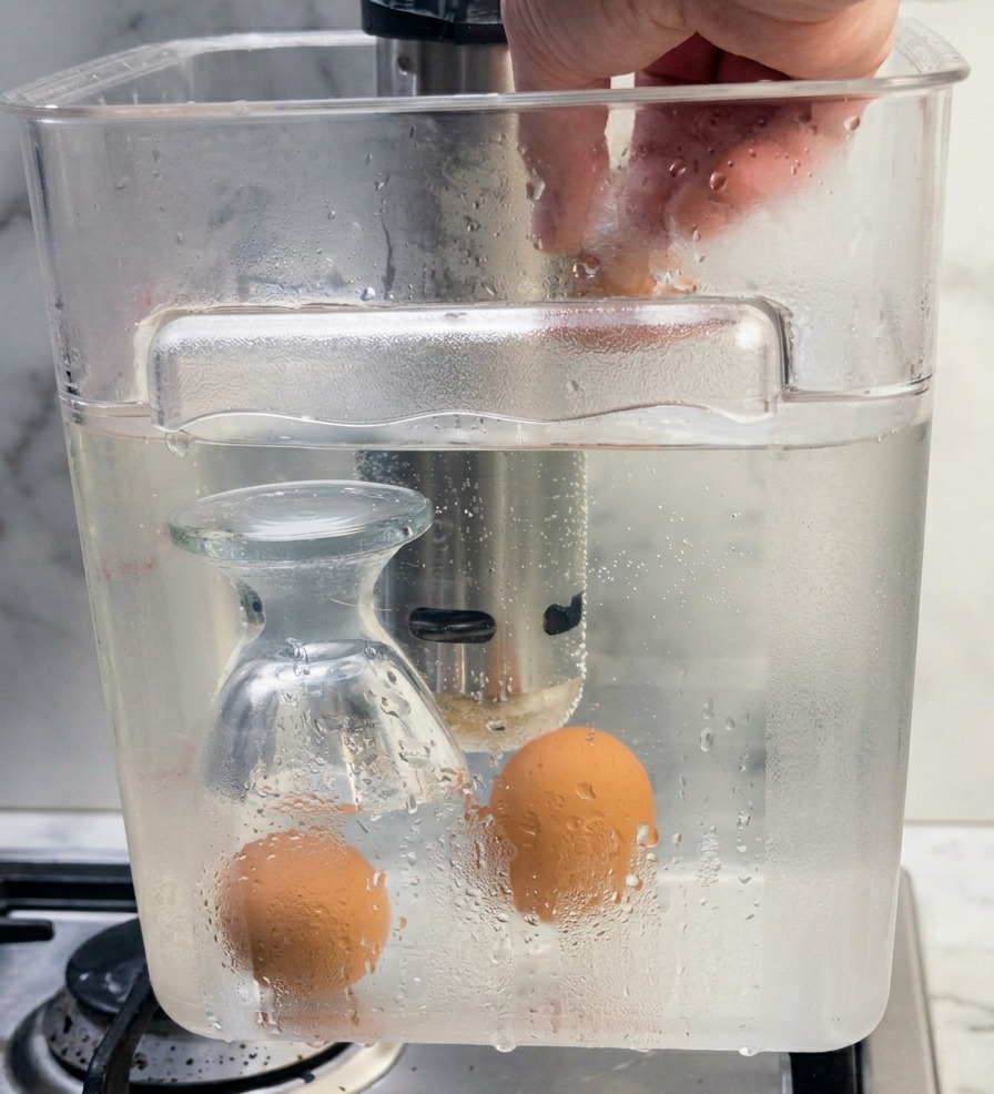 Dłoń wkładająca jajka do przezroczystego naczynia z wodą i zamontowanym cyrkulatorem sous vide.