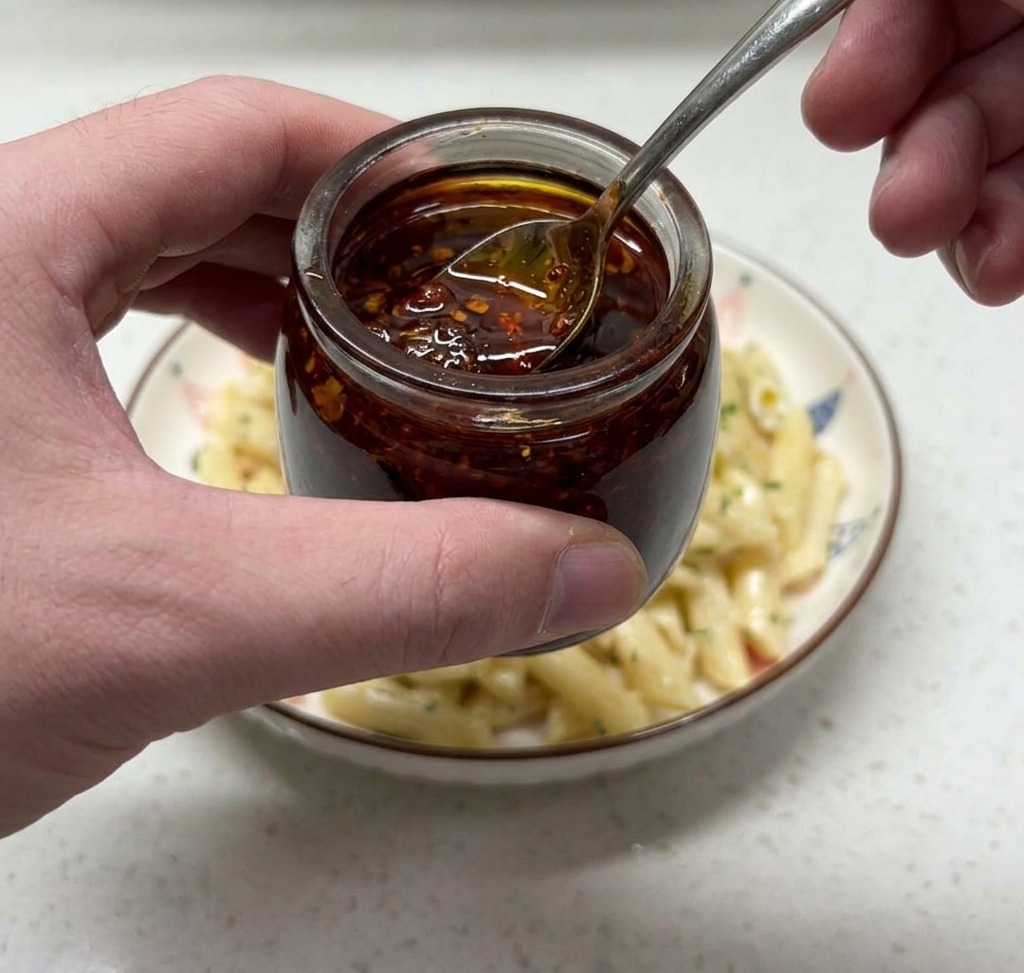 Dłoń trzymająca łyżeczkę nad małym szklanym słoiczkiem, polewająca jaskrawoczerwoną oliwą chili wierzch nałożonego kremowego makaronu z łososiem.
