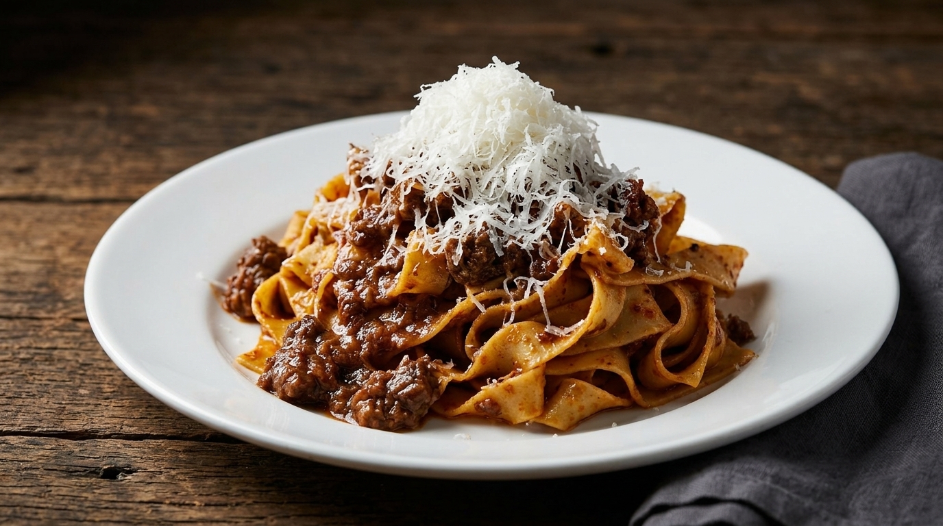 Autentyczne Ragù alla Bolognese z makaronem Tagliatelle