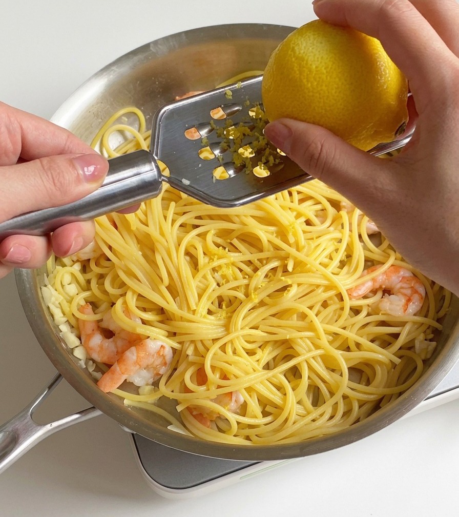 Osoba ścierająca skórkę ze świeżej cytryny na tarce bezpośrednio nad patelnią ze spaghetti i różowymi krewetkami.