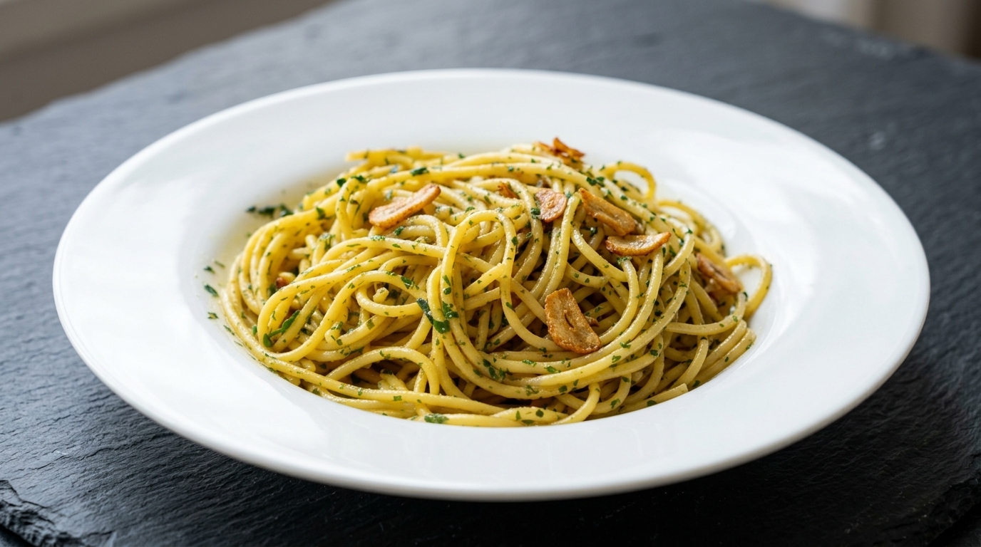 Złociste spaghetti wymieszane z chrupiącymi plasterkami czosnku, kawałkami wędzonego boczku i drobno posiekaną natką pietruszki.