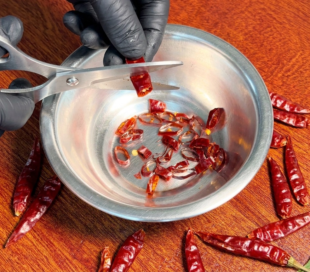 Krojenie suszonych papryczek chili kuchennymi nożyczkami na małe krążki nad miską ze stali nierdzewnej.