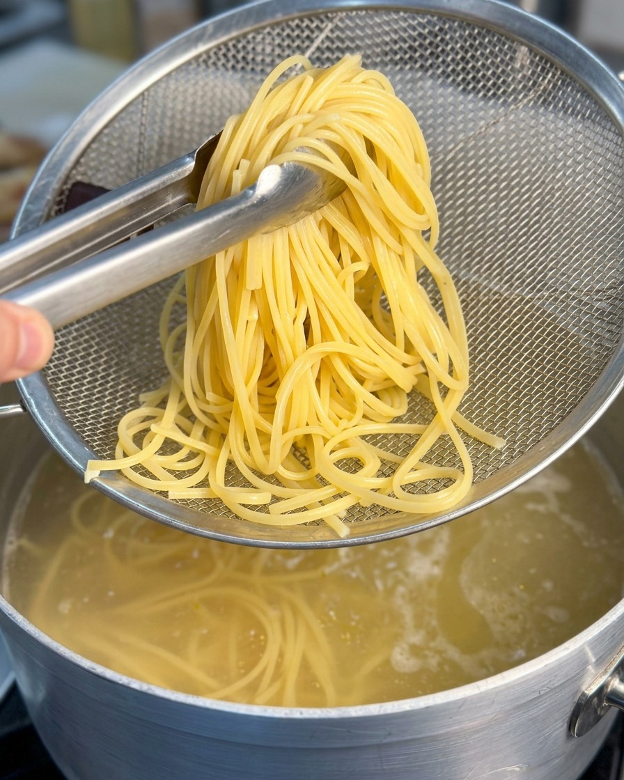 Szczypce kuchenne przekładające porcję ugotowanego spaghetti do metalowego durszlaka nad garnkiem.